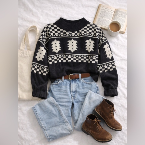 American Vintage Sweaters - Vintage Nordic Pattern Sweater Black Cream Fair Isle Cottagecore Cozy Knit